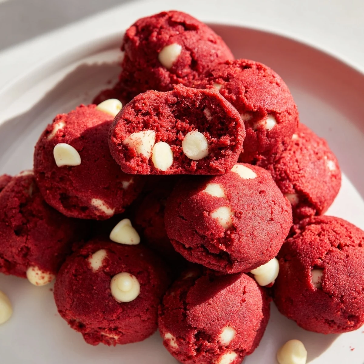 Vibrant red velvet cookie dough swirled in a bowl ready for spooning immediately