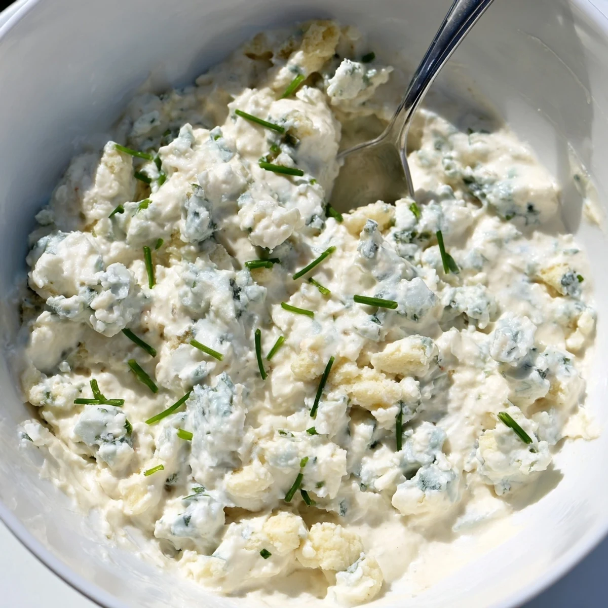 Cool tangy blue cheese dip in a white bowl surrounded by crispy buffalo wings and crackers