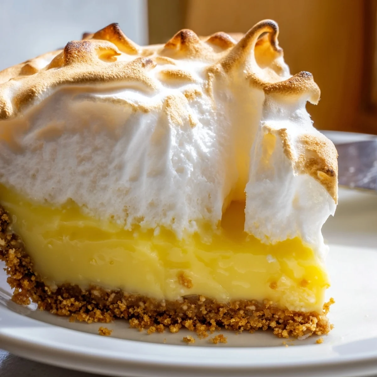 Creamy real lemon pie recipe with golden meringue topping sliced on a rustic plate