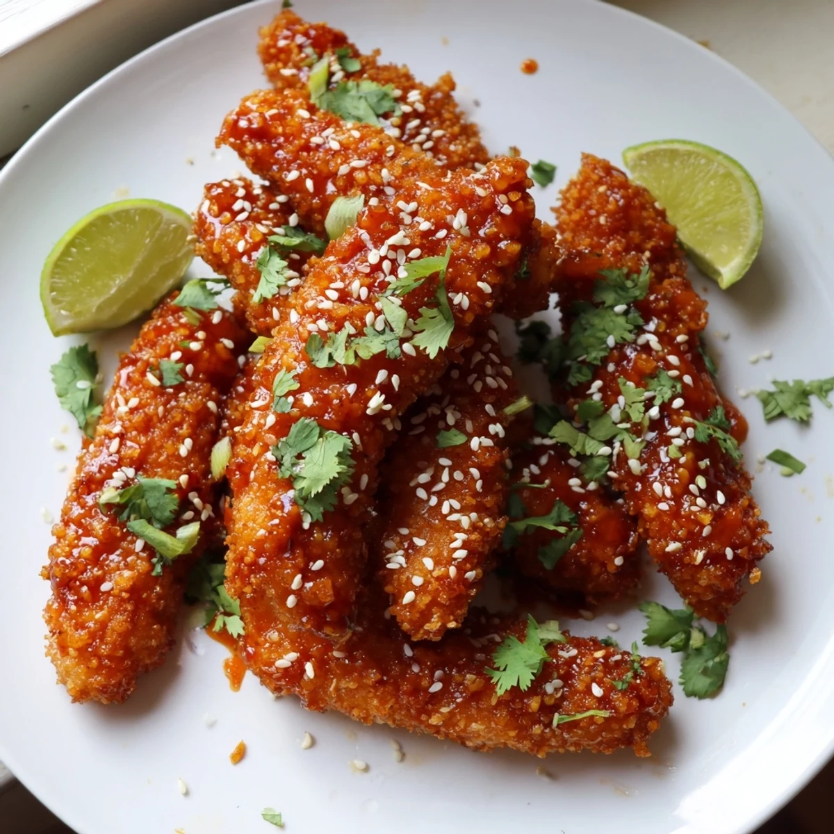 Crispy golden Thai sticky chicken fingers coated in a glossy sweet chili glaze on a serving platter