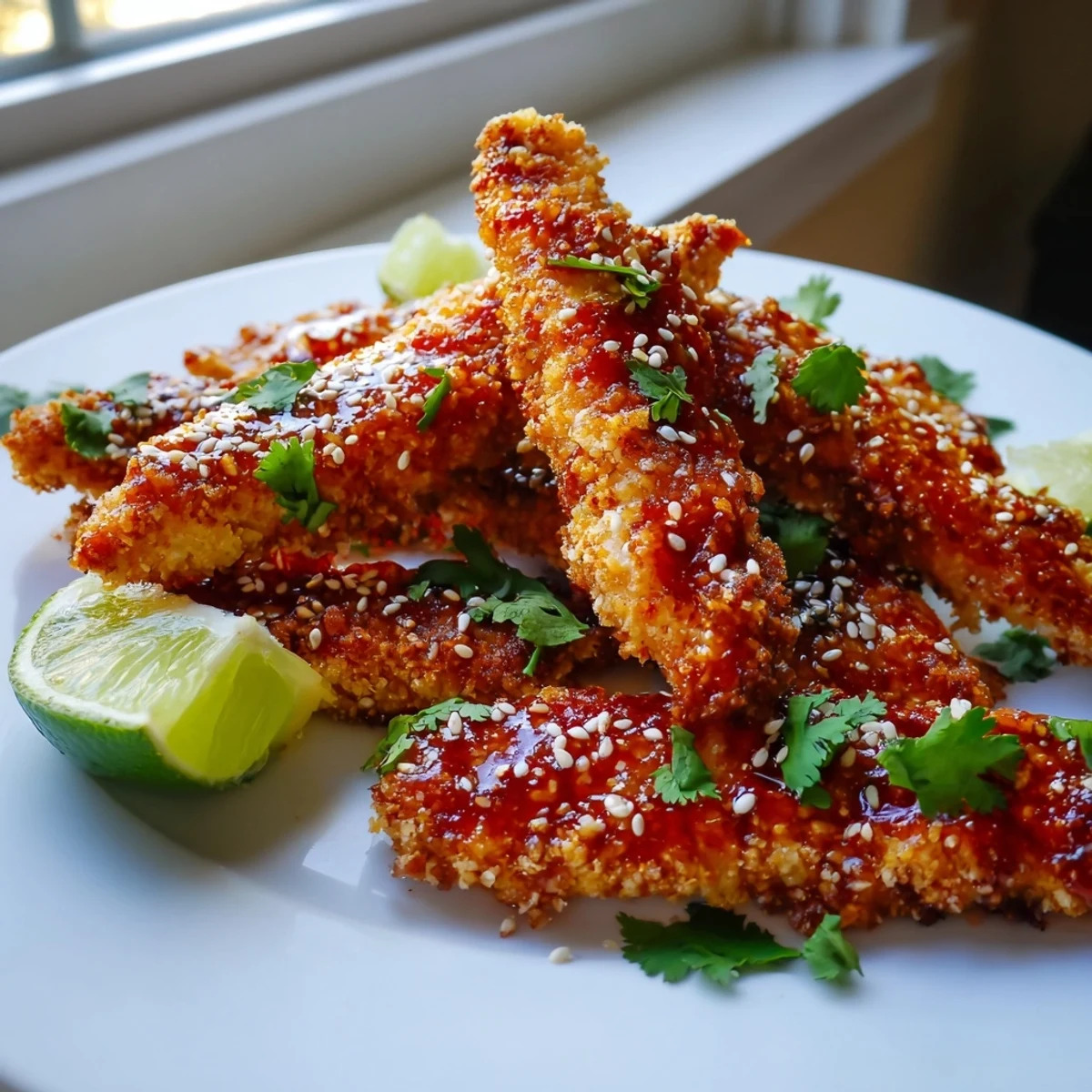Juicy Thai sticky chicken fingers with sesame seeds and fresh cilantro drizzled in tangy sauce