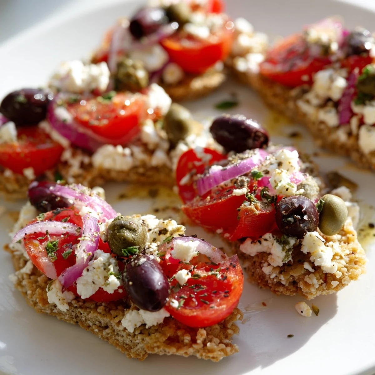 Golden barley rusks piled high with feta, tomatoes, olives, and fragrant oregano.