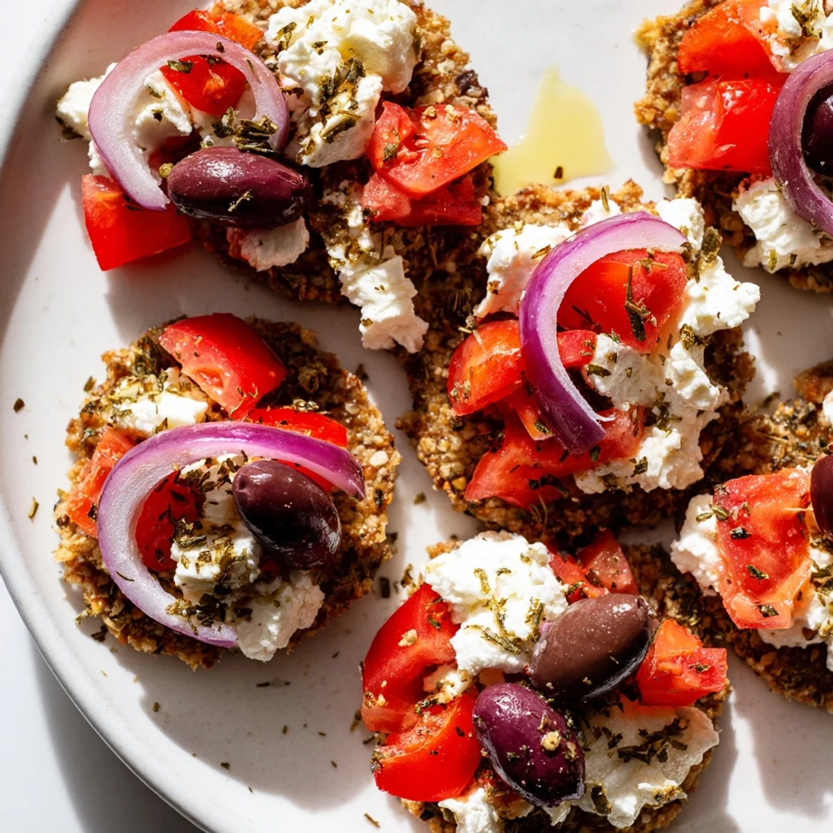 Crispy Cretan feta rusks drizzled with olive oil on a rustic appetizer platter.