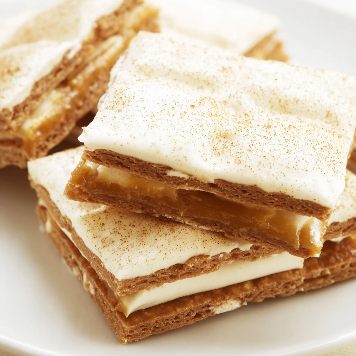 Golden churro saltine white toffee squares topped with cinnamon sugar on a rustic baking sheet