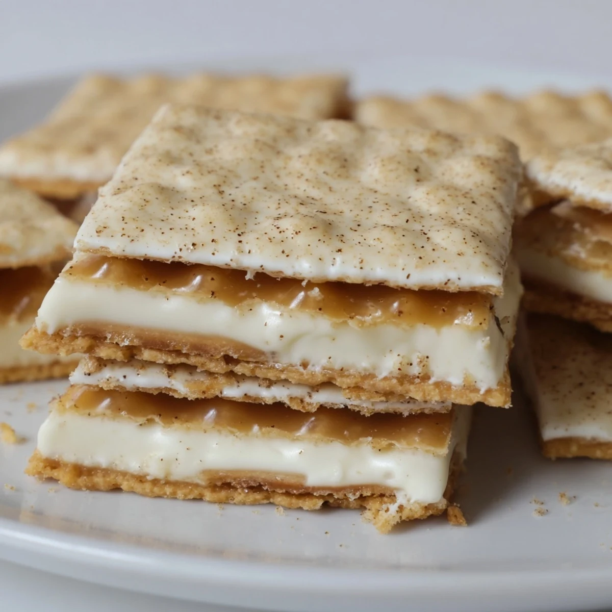 Churro saltine white toffee pieces dusted with cinnamon, arranged on a festive dessert platter