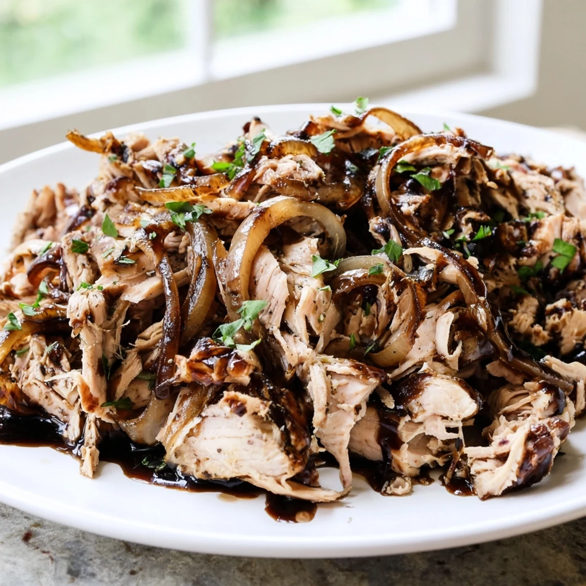 Juicy slow cooker balsamic chicken glazed in a rich, dark, savory-sweet sauce