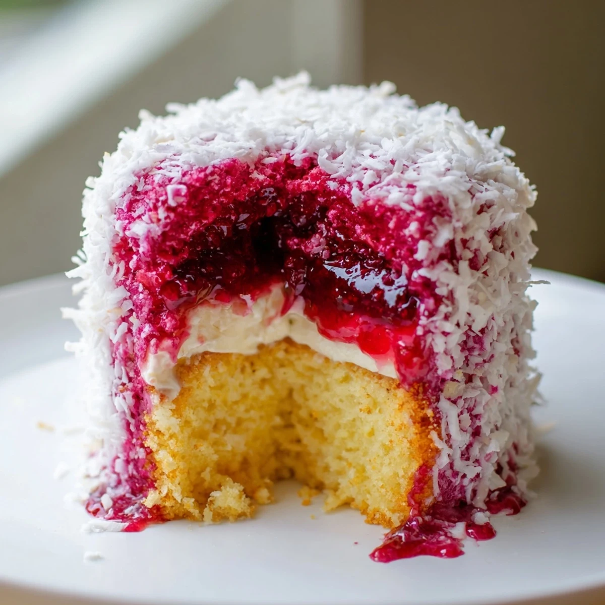 Pink raspberry lamingtons coated in shredded coconut on a rustic serving plate
