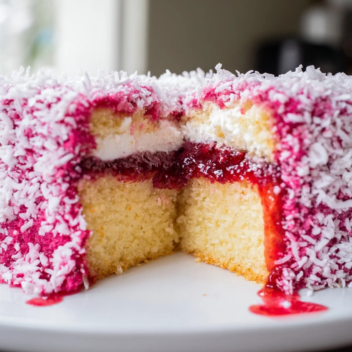 Juicy raspberry lamingtons squares piled on a wire rack with coconut coating