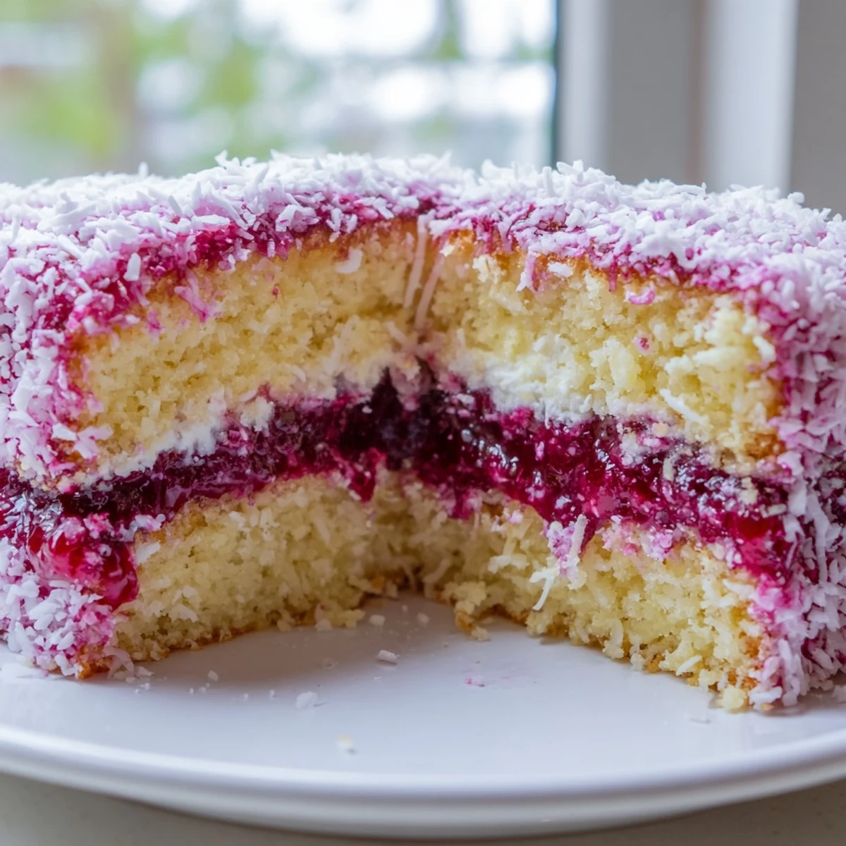 Tender raspberry lamingtons with jam and cream filling dusted in fine coconut