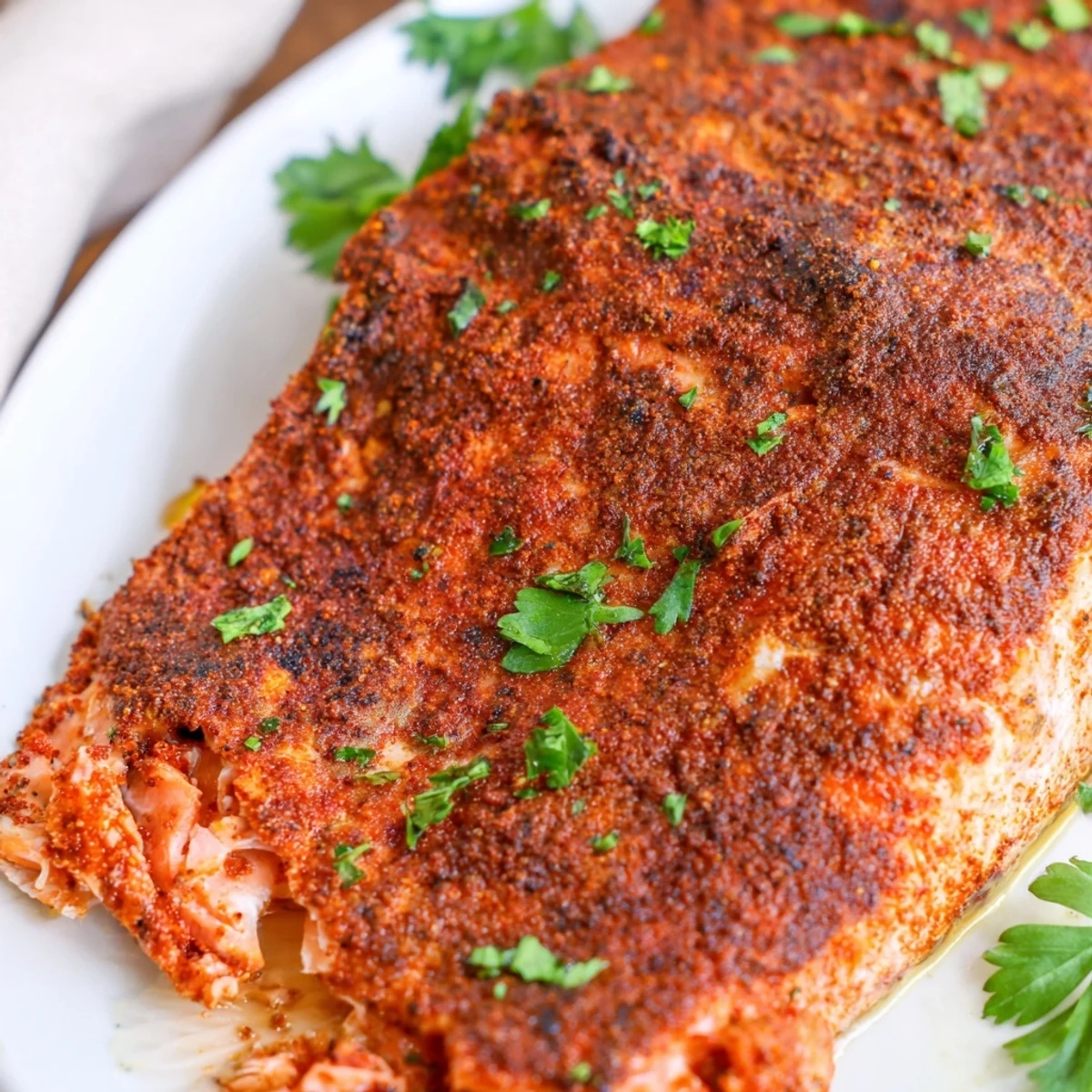 Oven Baked Cajun Salmon with a golden spice crust on a parchment-lined baking sheet