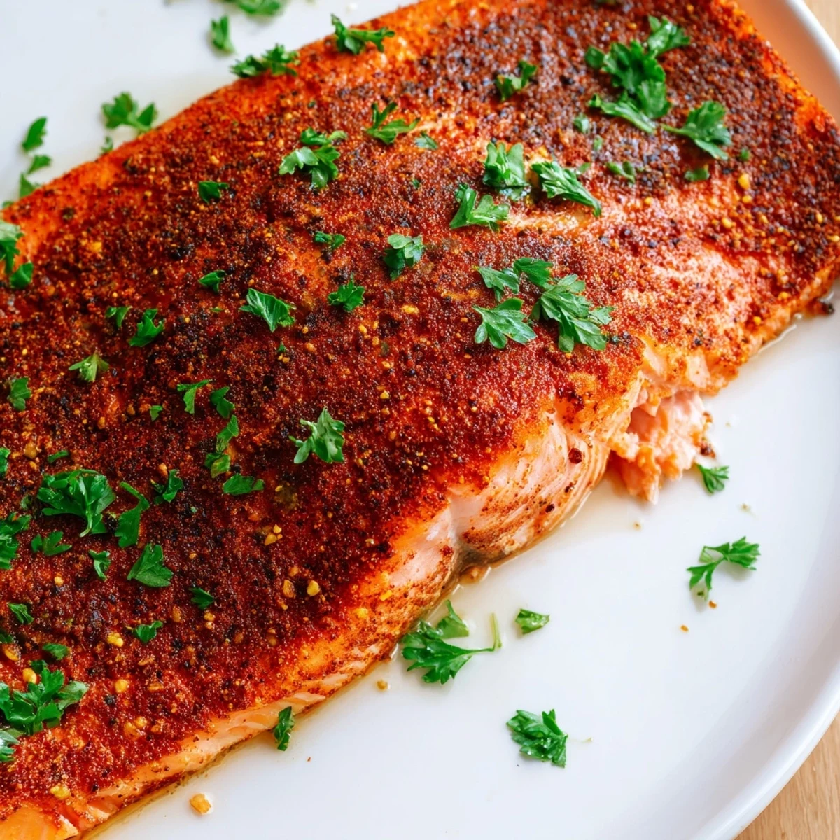 Juicy Oven Baked Cajun Salmon fillets garnished with fresh parsley and bright lemon wedges