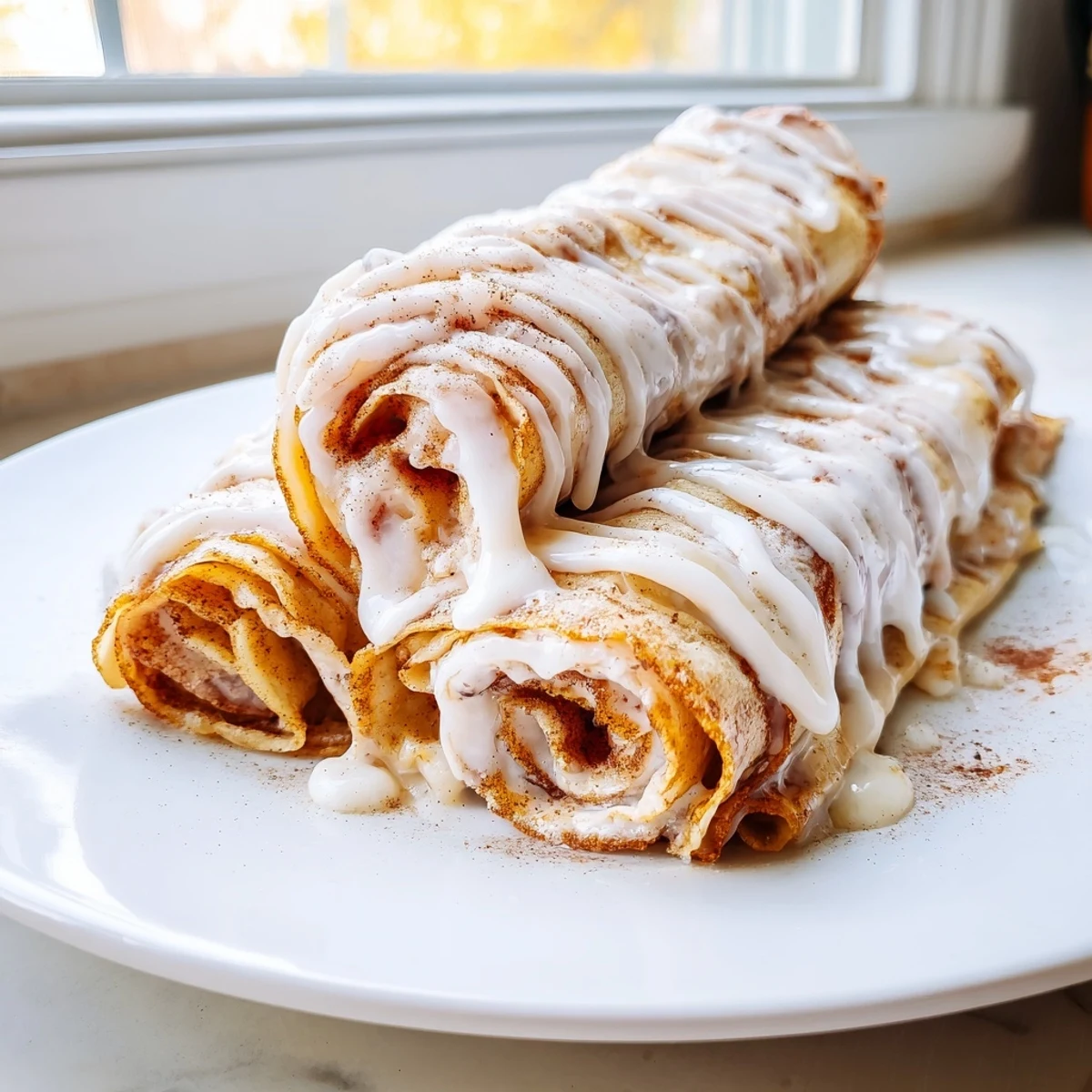 Warm cinnamon roll protein crepes served with glossy glaze and a dusting of cinnamon