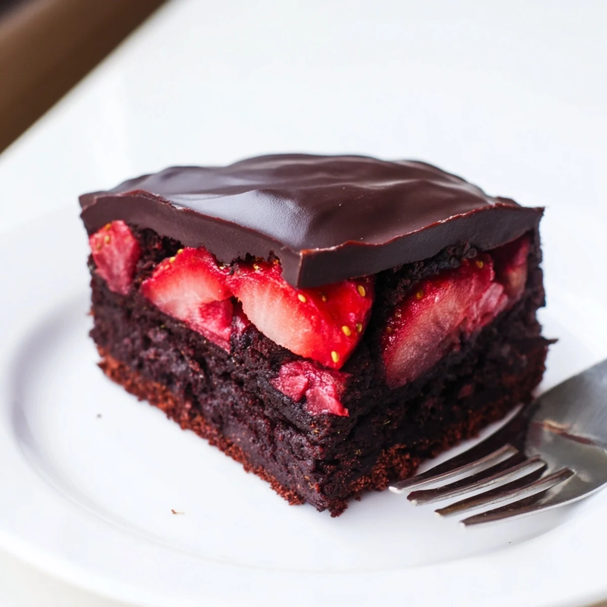 Rich chocolate covered strawberry brownies sliced into fudgy squares with glossy ganache topping