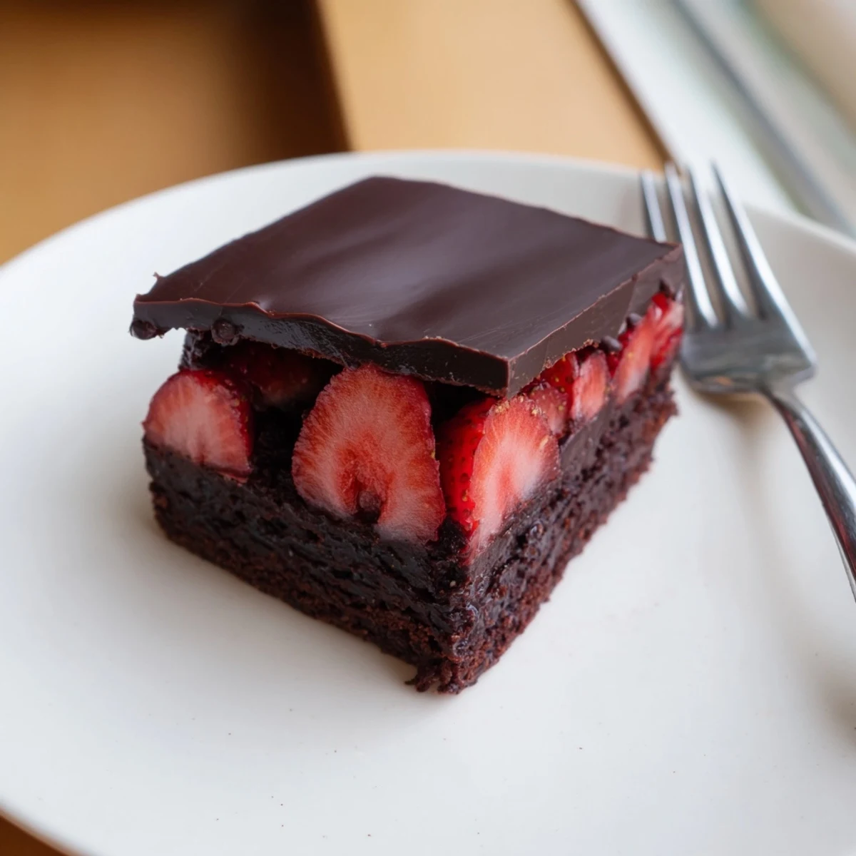 Decadent chocolate covered strawberry brownies drizzled with melted chocolate and dotted with ripe berries