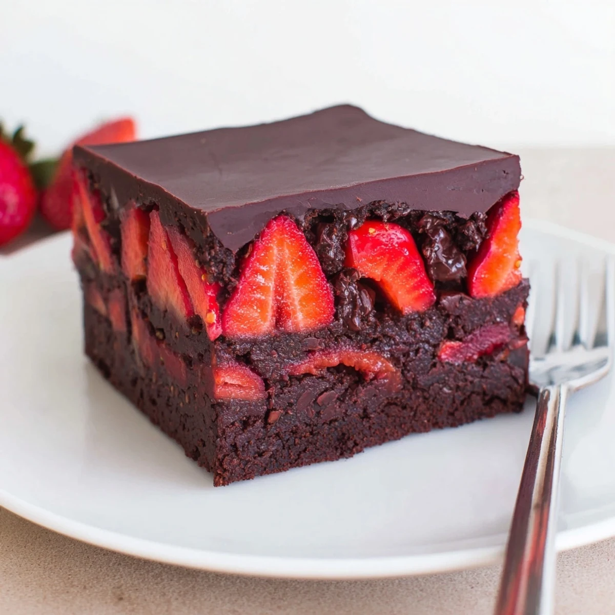 Fresh strawberry halves nestle atop fudgy chocolate covered strawberry brownies under a chocolate shell