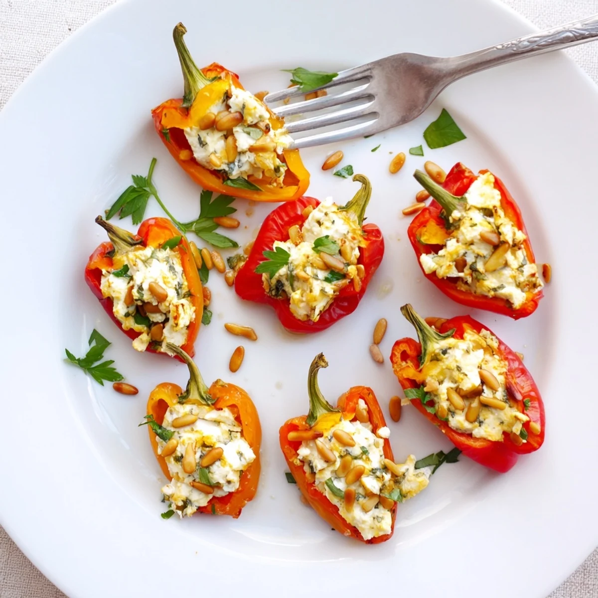 Roasted goat cheese stuffed mini peppers glistening with olive oil on a parchment-lined baking sheet