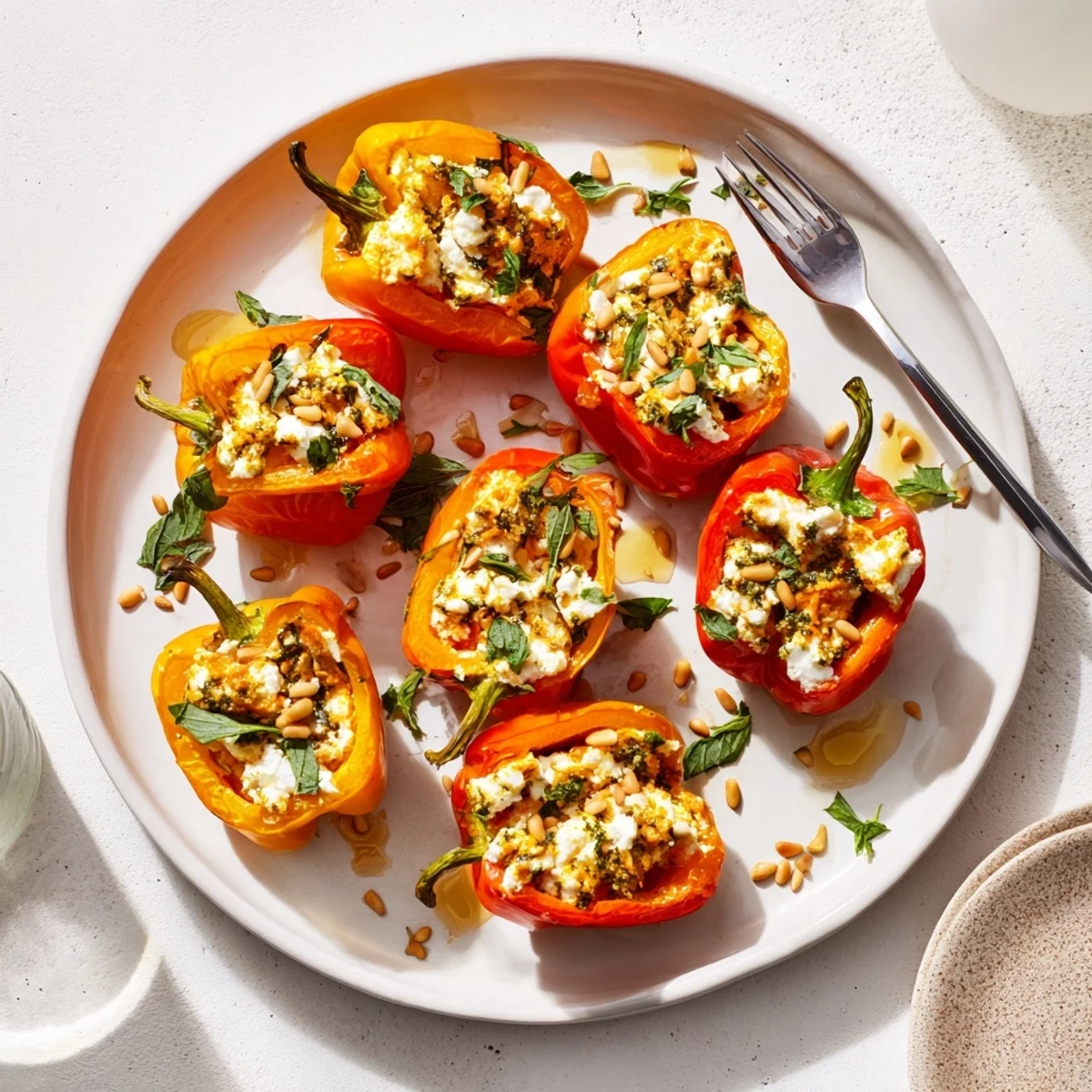 Golden roasted goat cheese stuffed mini peppers topped with pine nuts and fresh herbs