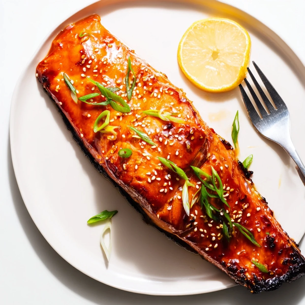 Glossy gluten free teriyaki salmon fillets topped with sesame seeds and green onions on a white plate