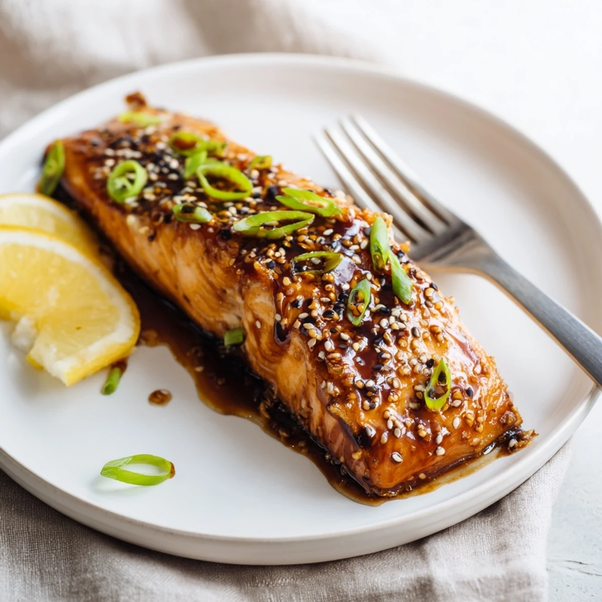 Golden baked gluten free teriyaki salmon drizzled with sticky sauce alongside bright lemon wedges for serving