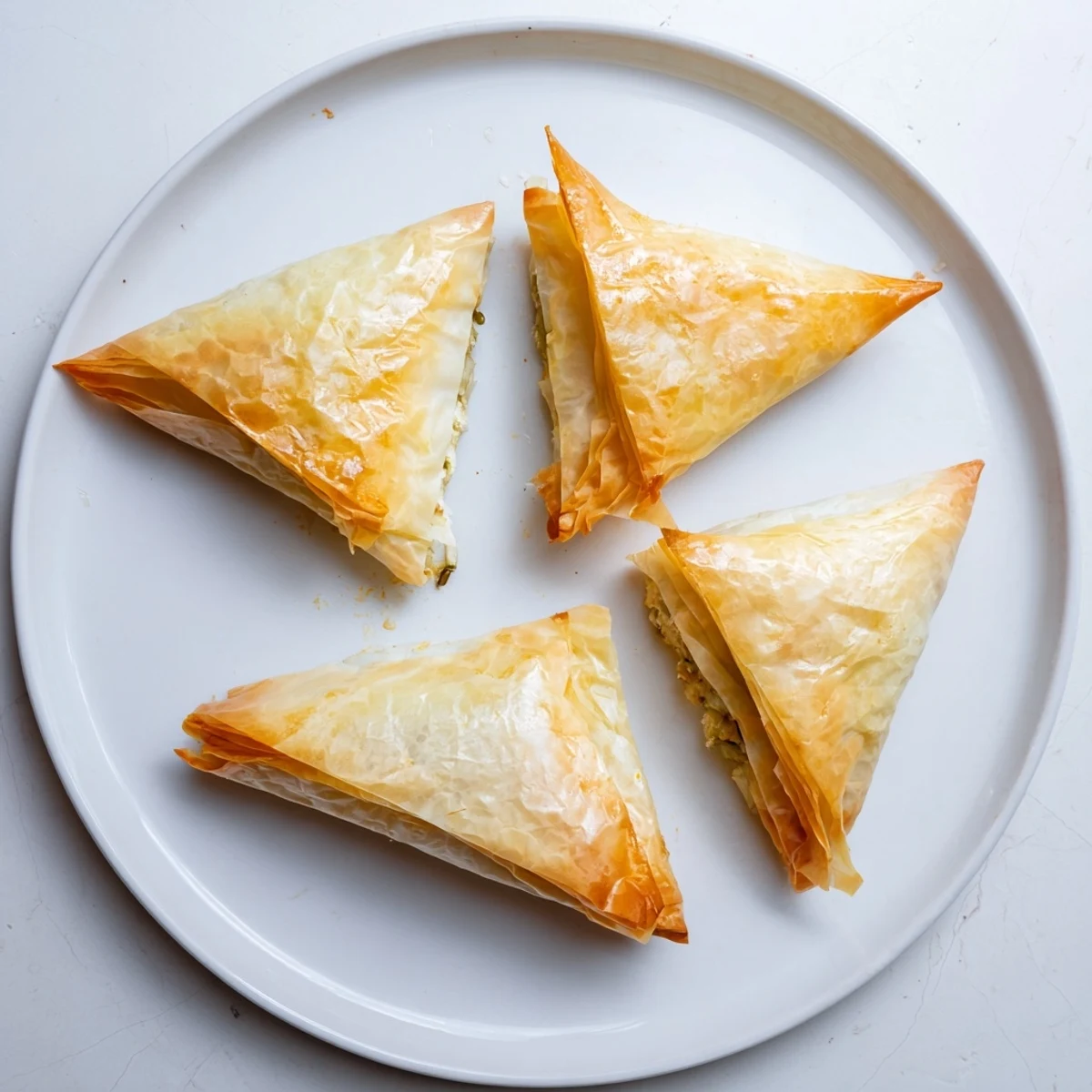 Artichoke and Graviera filo puffs arranged on a platter with tzatziki dip nearby