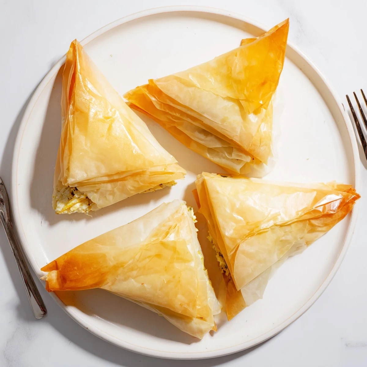Flaky triangular artichoke and Graviera filo puffs with golden brown buttery pastry edges