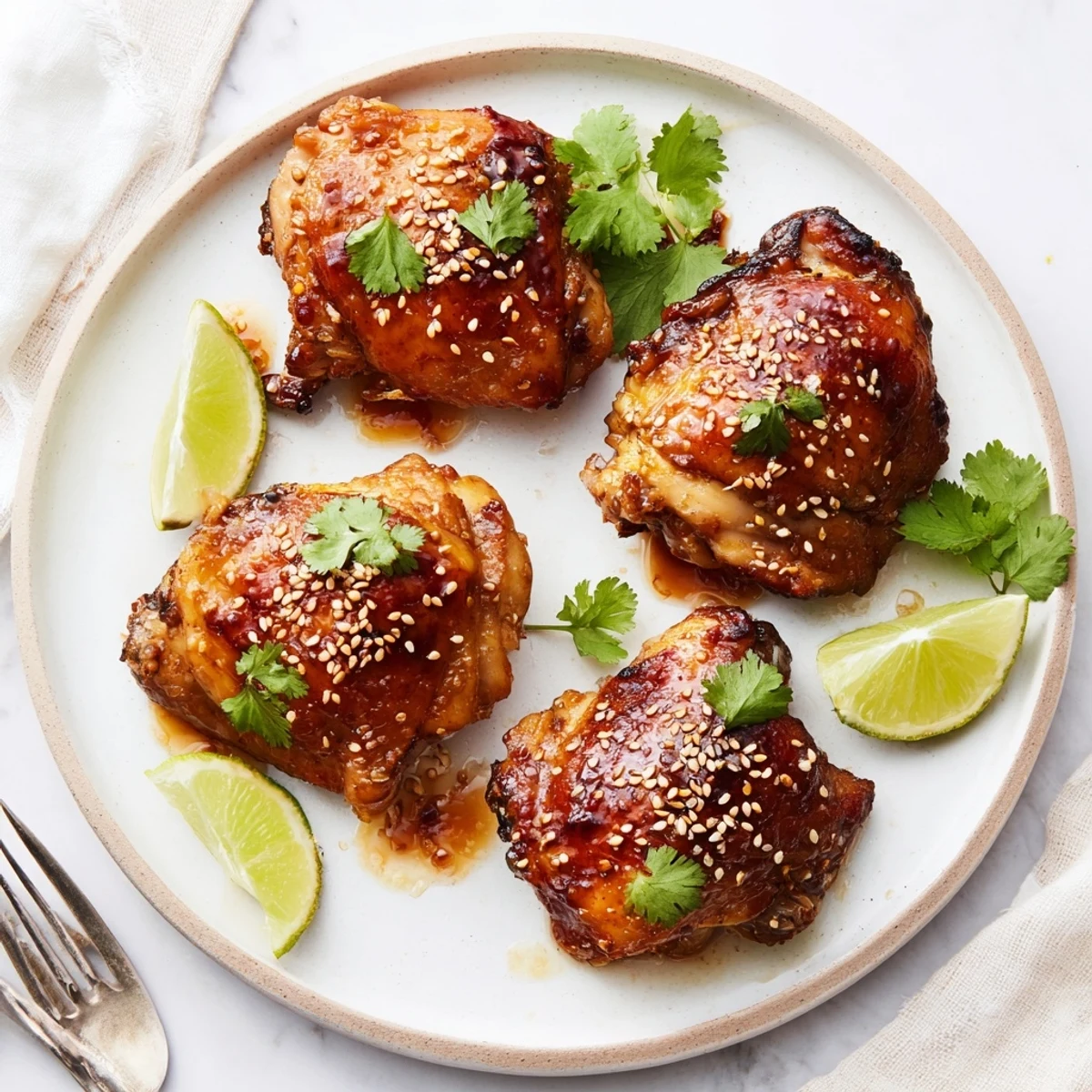 Crispy sweet chili air fryer chicken thighs glistening with a sticky golden glaze on a plate