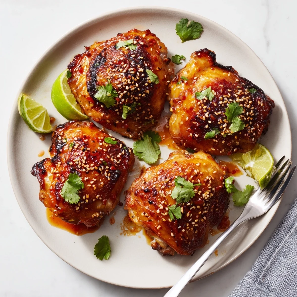 Juicy sweet chili air fryer chicken thighs garnished with sesame seeds and fresh cilantro