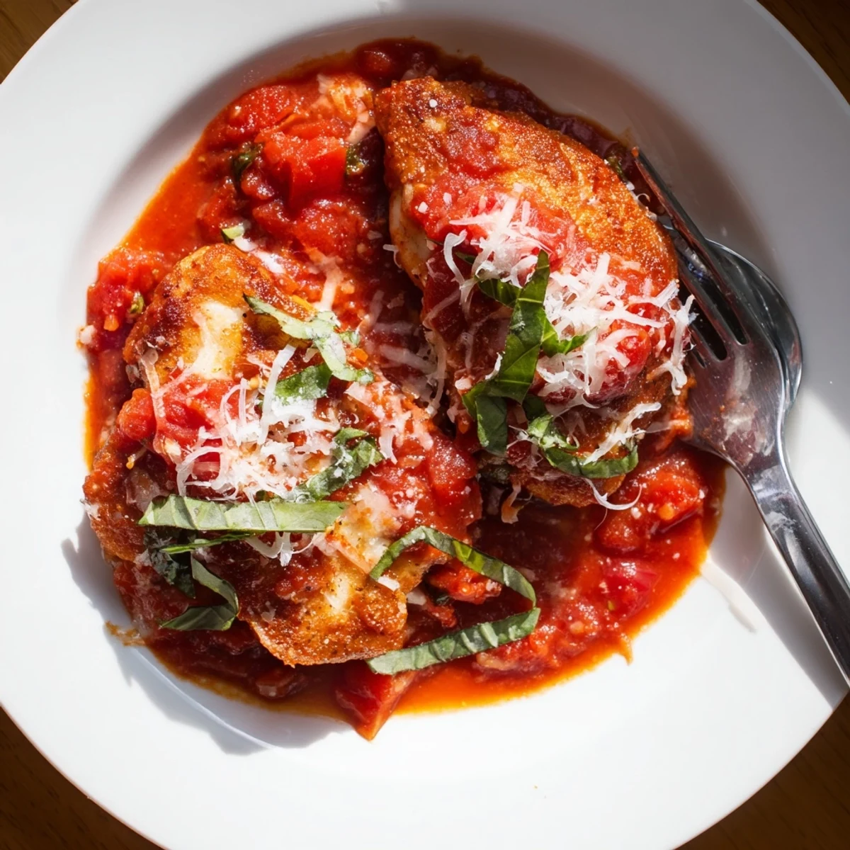 Juicy Chicken Pomodoro Delight topped with melted Parmesan and scattered fresh basil leaves