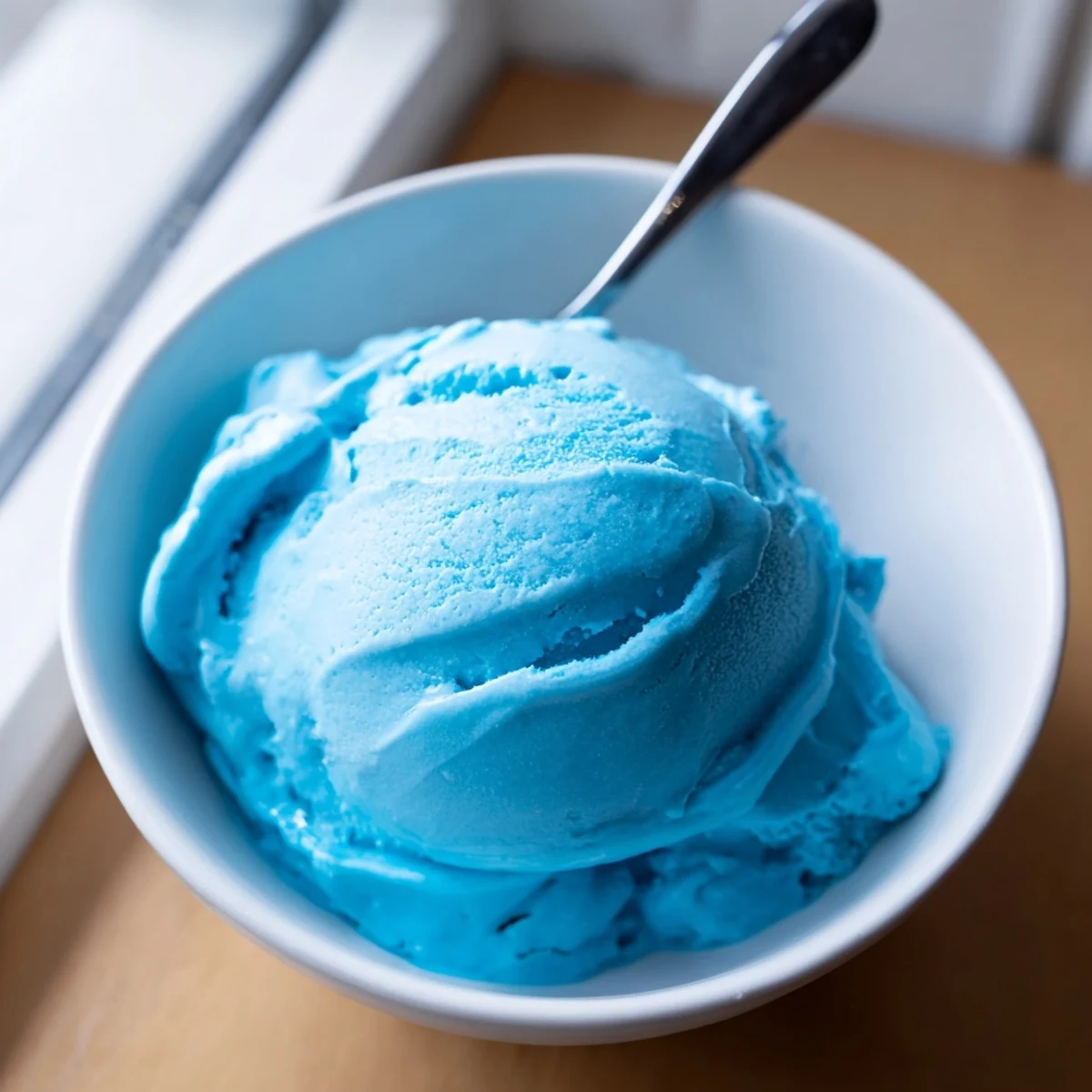 Bright blue moon ice cream scooped into a crispy waffle cone with colorful sprinkles