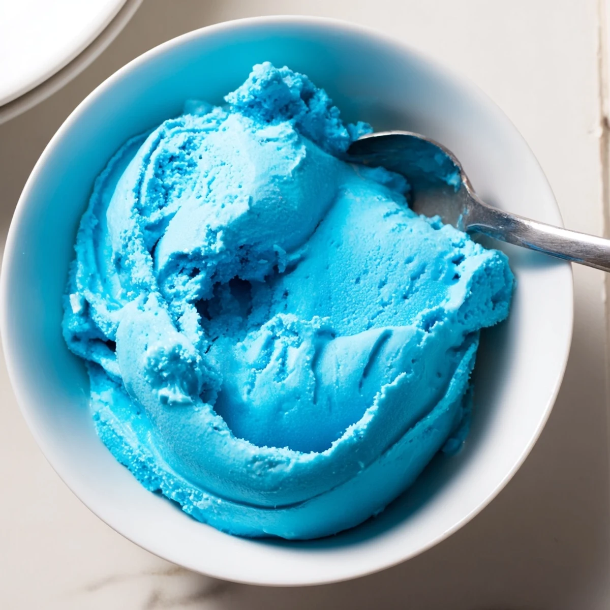Creamy homemade blue moon ice cream served in a bowl with a silver spoon