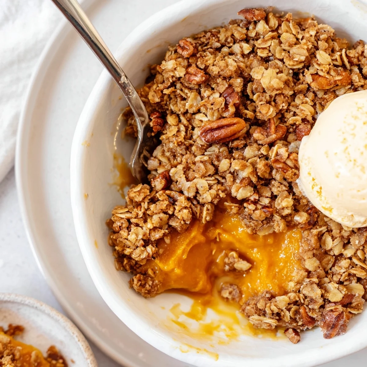 Creamy pumpkin pie crisp with golden oat topping served warm in a baking dish
