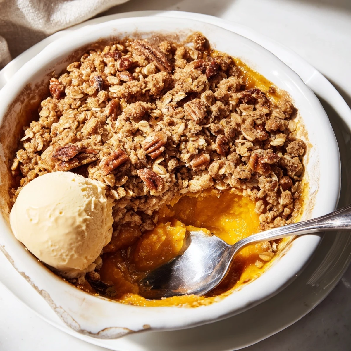 Golden baked pumpkin pie crisp scooped into a bowl alongside vanilla bean ice cream