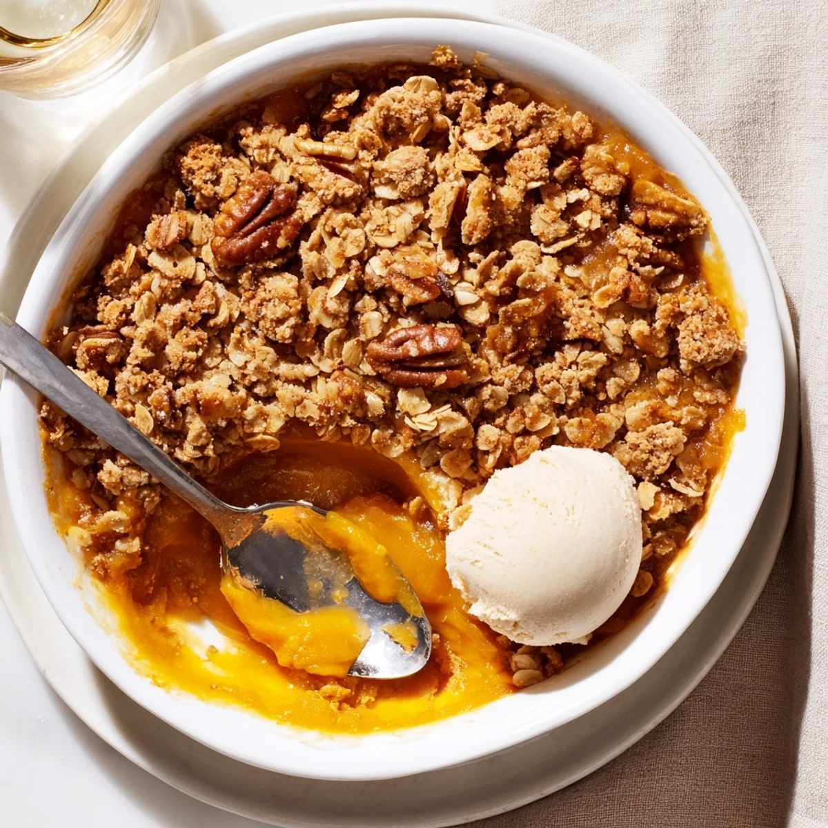 Warm spiced pumpkin pie crisp topped with buttery pecan oat crumble and whipped cream