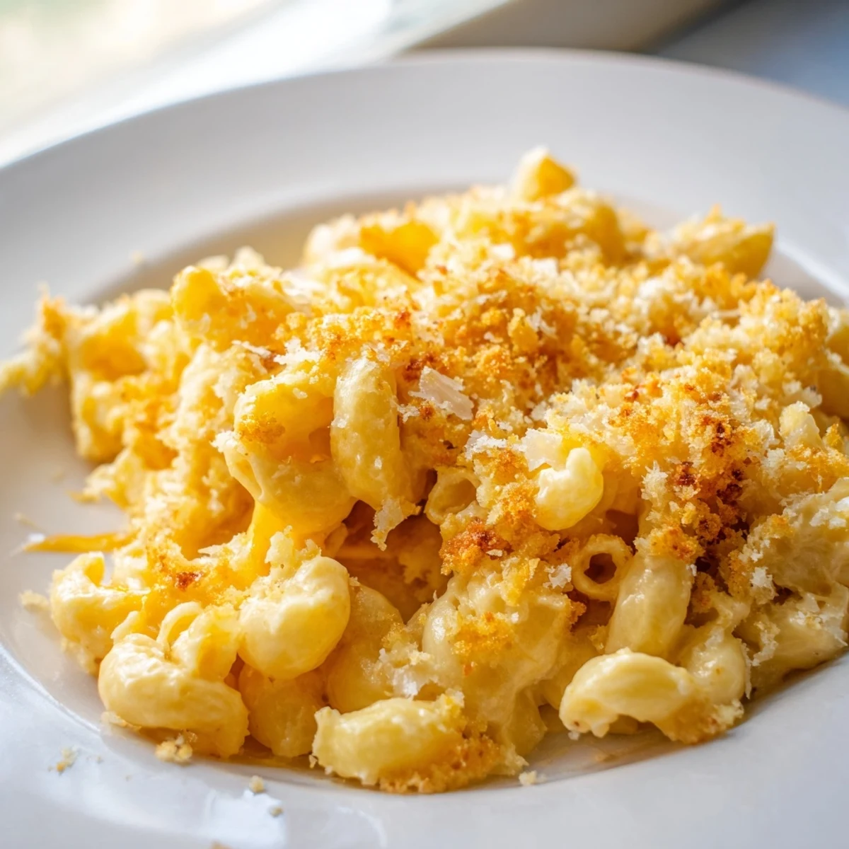 Creamy mac and cheese with golden breadcrumb topping served in a baking dish