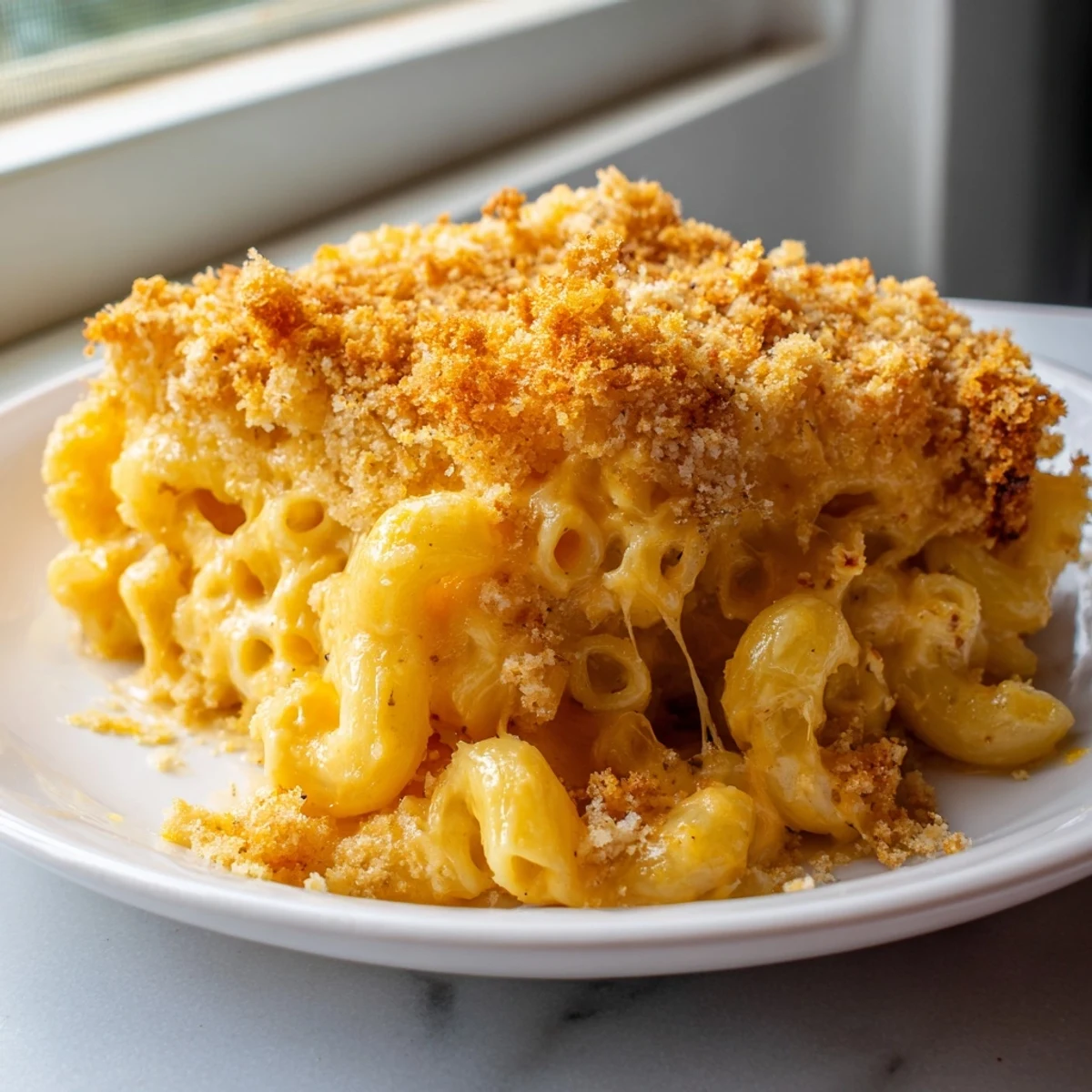 Steaming bowl of homemade mac and cheese with a crispy buttery crust