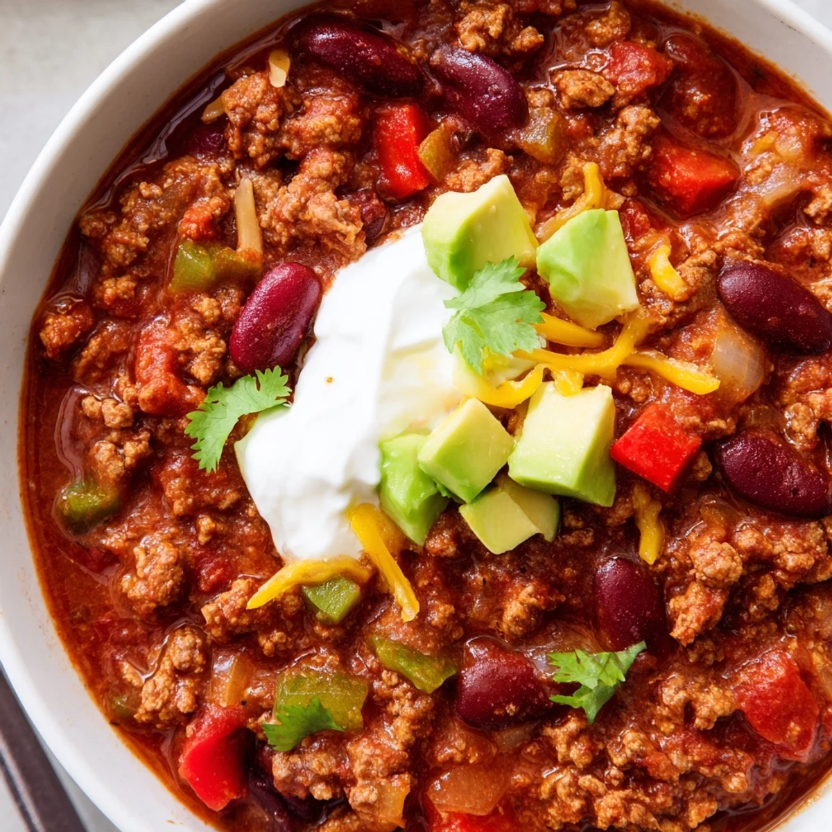 Hearty beef chili simmered with beans, tomatoes, and warming spices in a rustic Dutch oven