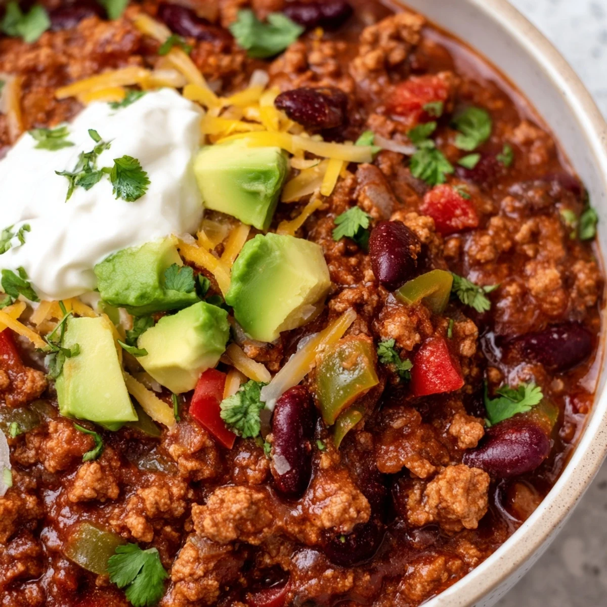 Thick, rich chili loaded with tender ground beef, kidney beans, and diced bell peppers