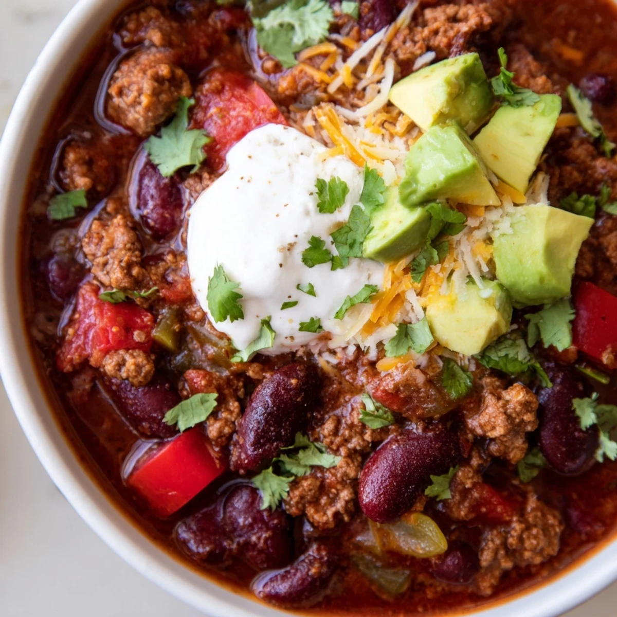Steaming bowl of classic chili topped with cheddar cheese, sour cream, and fresh cilantro