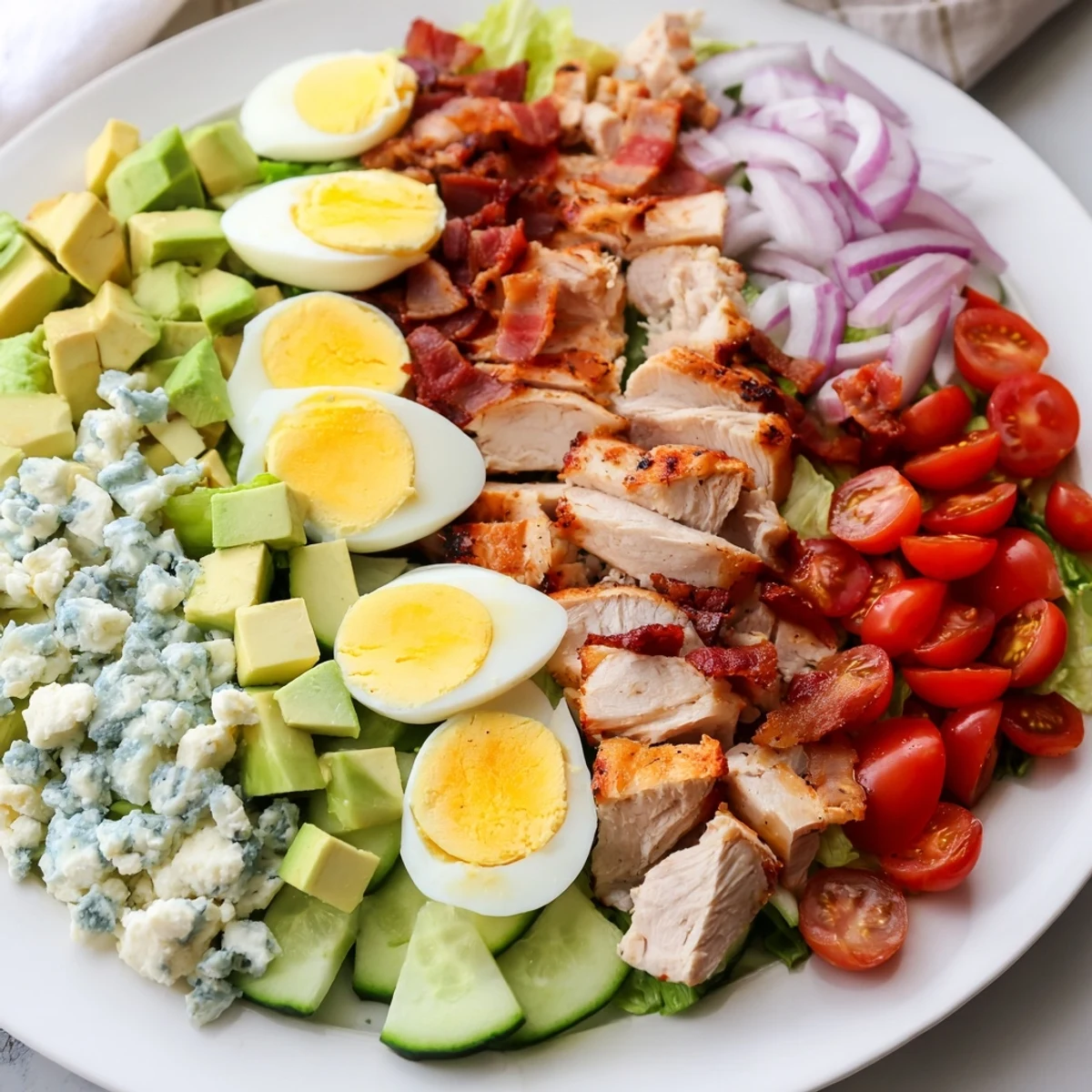 Colorful Cobb salad with grilled chicken, avocado, and blue cheese on rustic platter