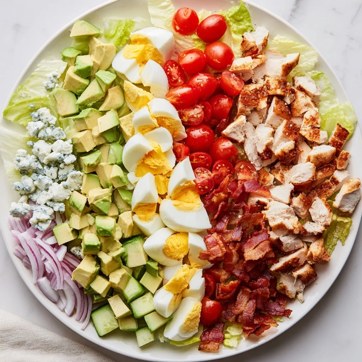 Crispy bacon and boiled eggs top this vibrant Cobb salad with creamy dressing