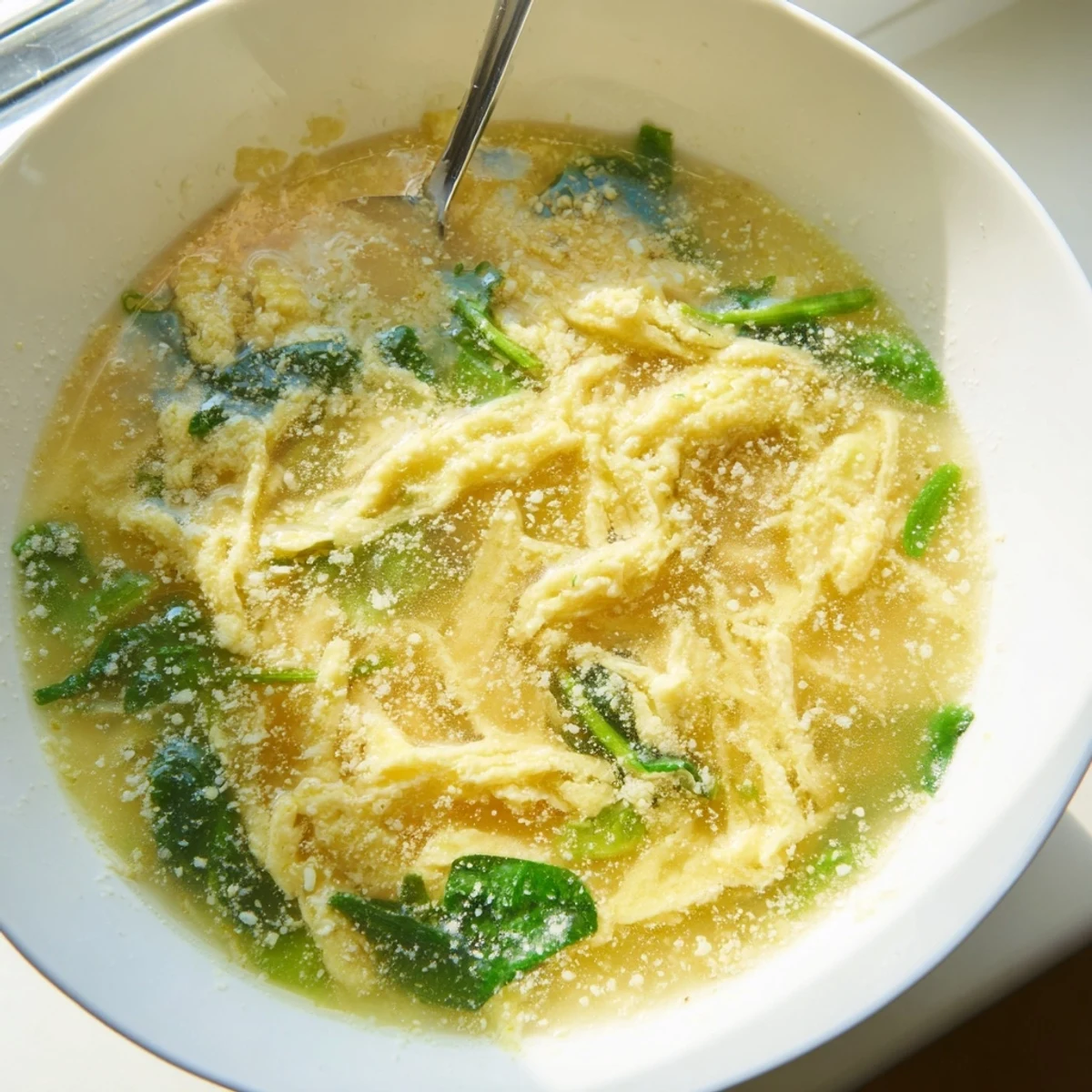 Cozy cup of Stracciatella Soup featuring wispy eggs alongside crusty bread for dipping