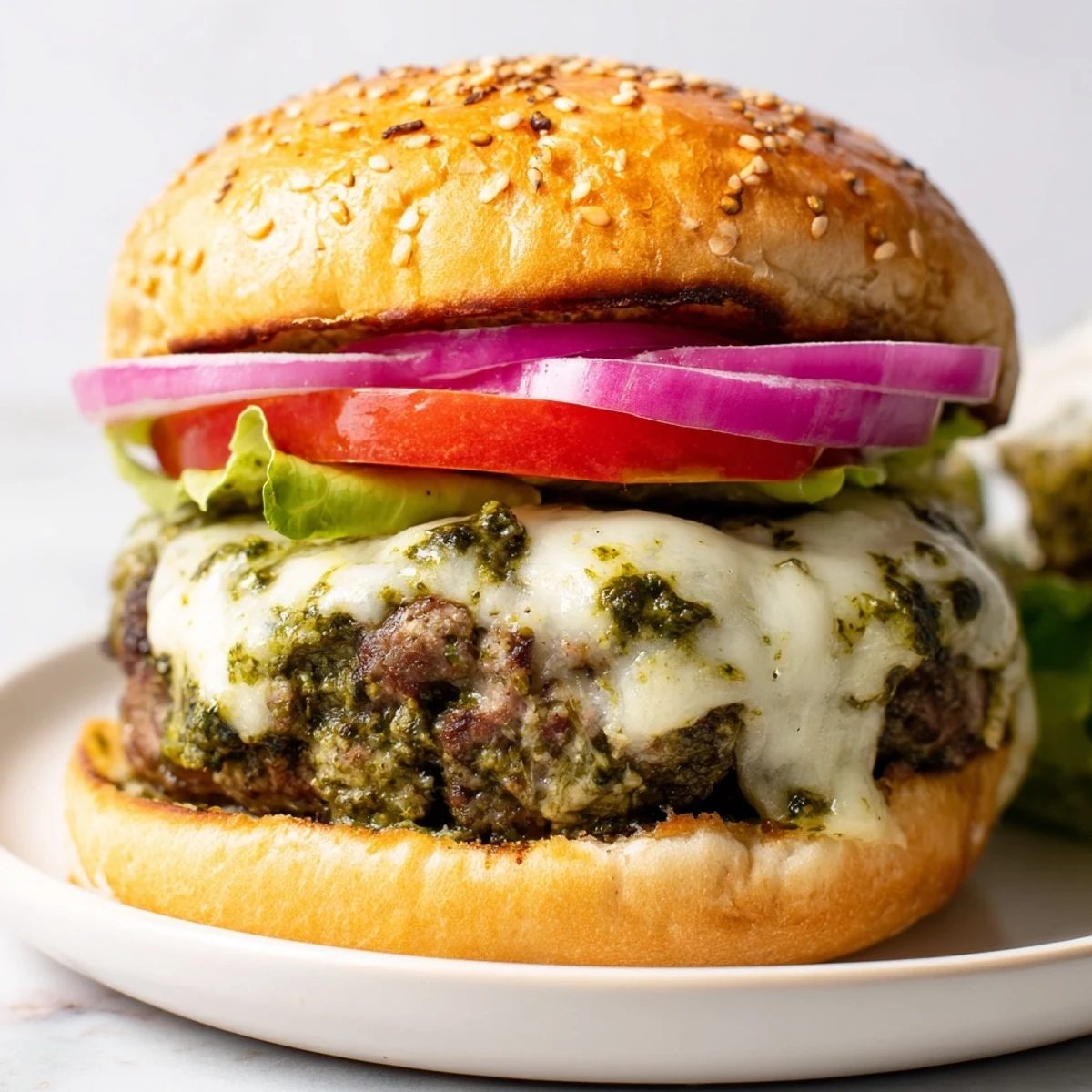 Juicy pesto garlic burgers with melted cheese on golden toasted buns