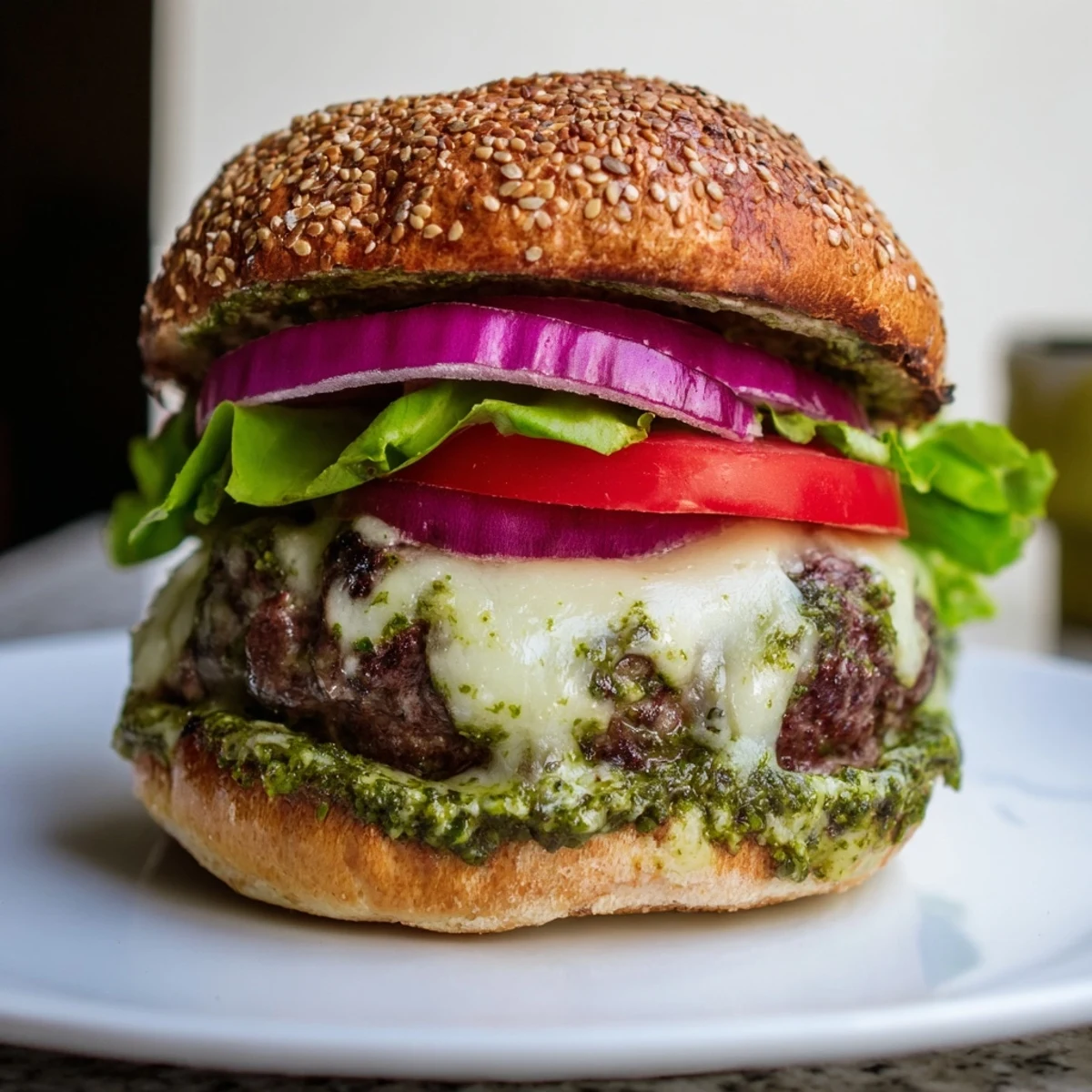 Golden buns loaded with a cheesy pesto garlic burger and crisp lettuce