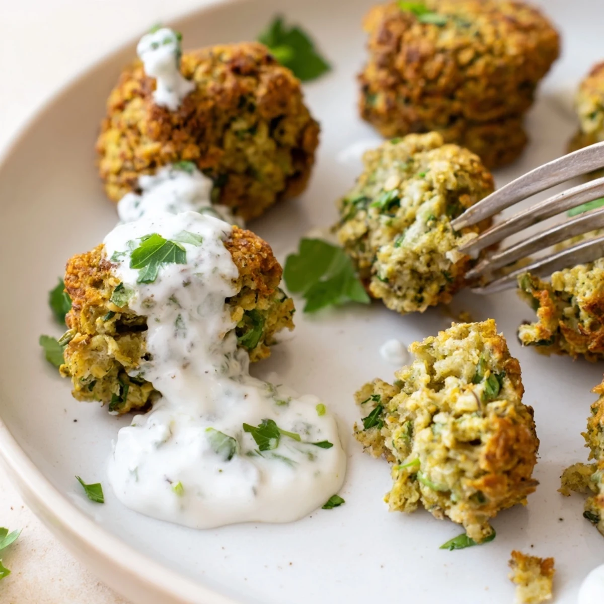Golden crispy herb falafel bites arranged on a plate with creamy garlic yogurt sauce nearby.