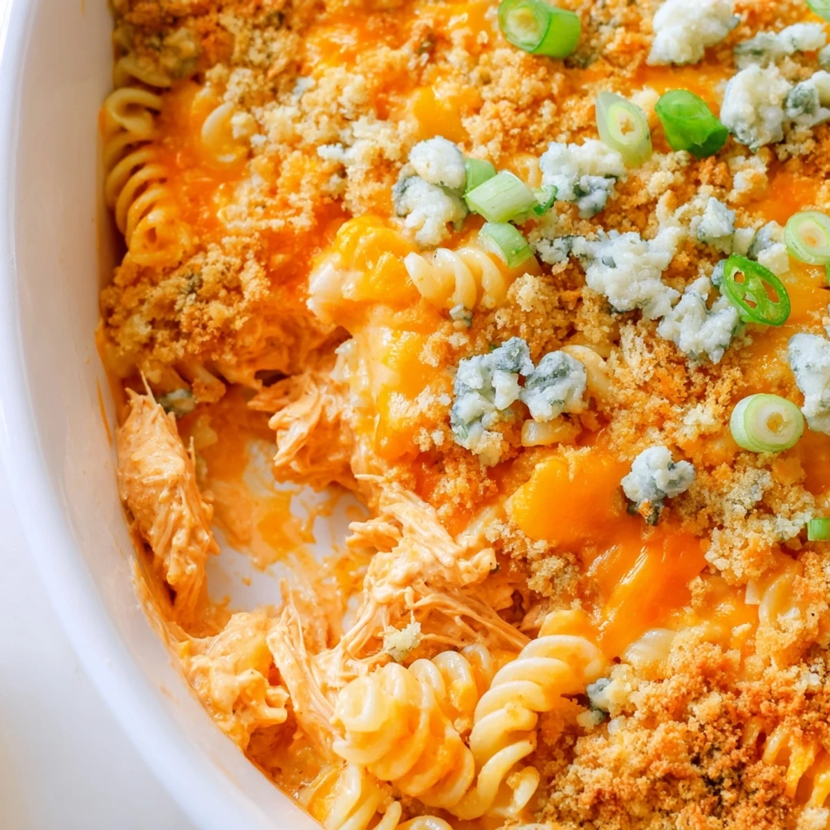 Cheesy Buffalo Chicken Dip Casserole bubbling with melted cheddar and mozzarella in a golden baking dish