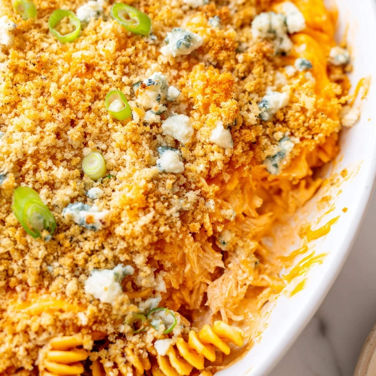 Creamy Cheesy Buffalo Chicken Dip Casserole topped with blue cheese crumbles and fresh green onions