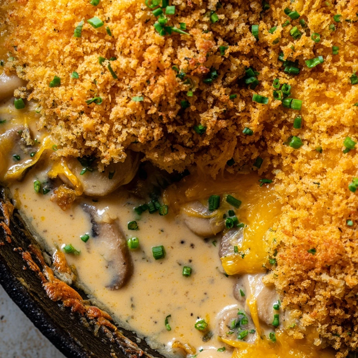 Creamy spiced white beans with mushrooms baked under a golden cheddar herb crust