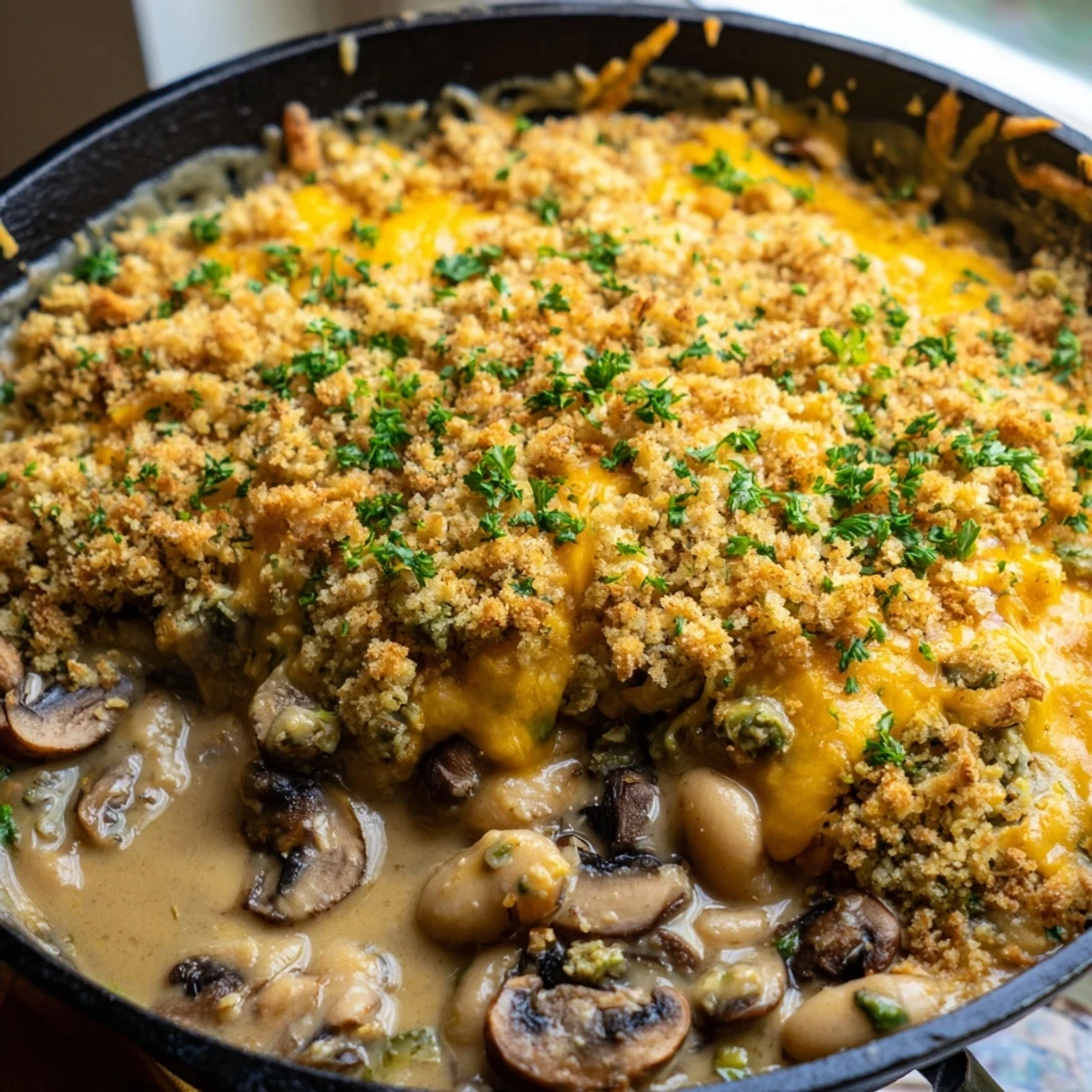 Skillet of creamy spiced white beans with mushrooms crowned with melted cheddar and herbs