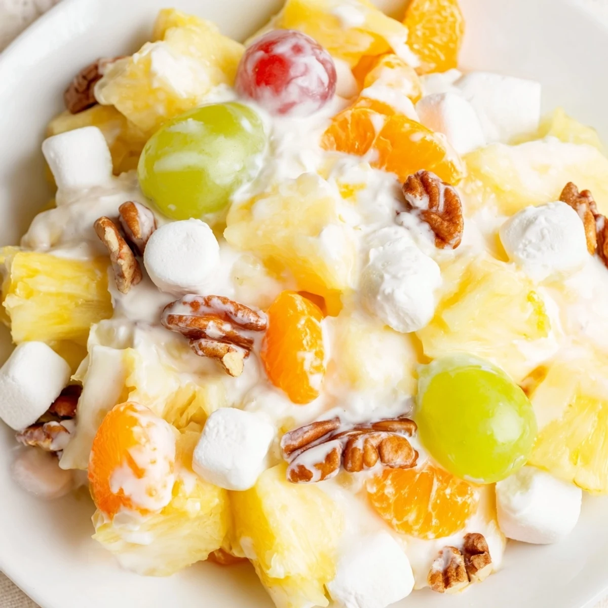 Creamy pineapple salad glistening in a glass bowl with juicy fruit chunks and toasted pecans
