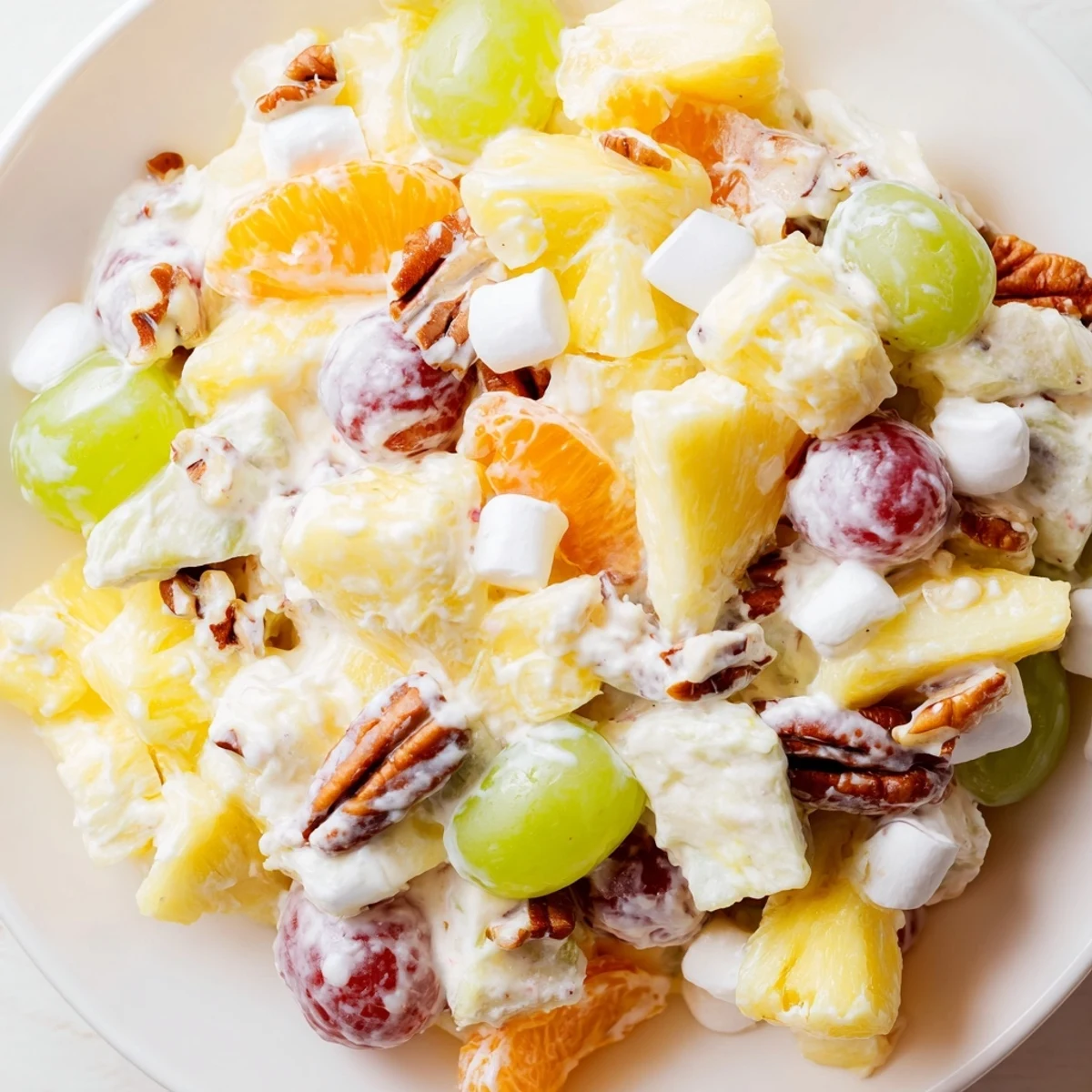 A close-up of creamy pineapple salad topped with halved grapes mandarin oranges and marshmallows